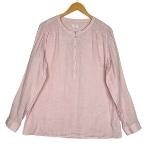 Sigrid Olsen 100% Linen Blouse Pink Smocked Shoulder Long Roll Tab Sleeve Top L